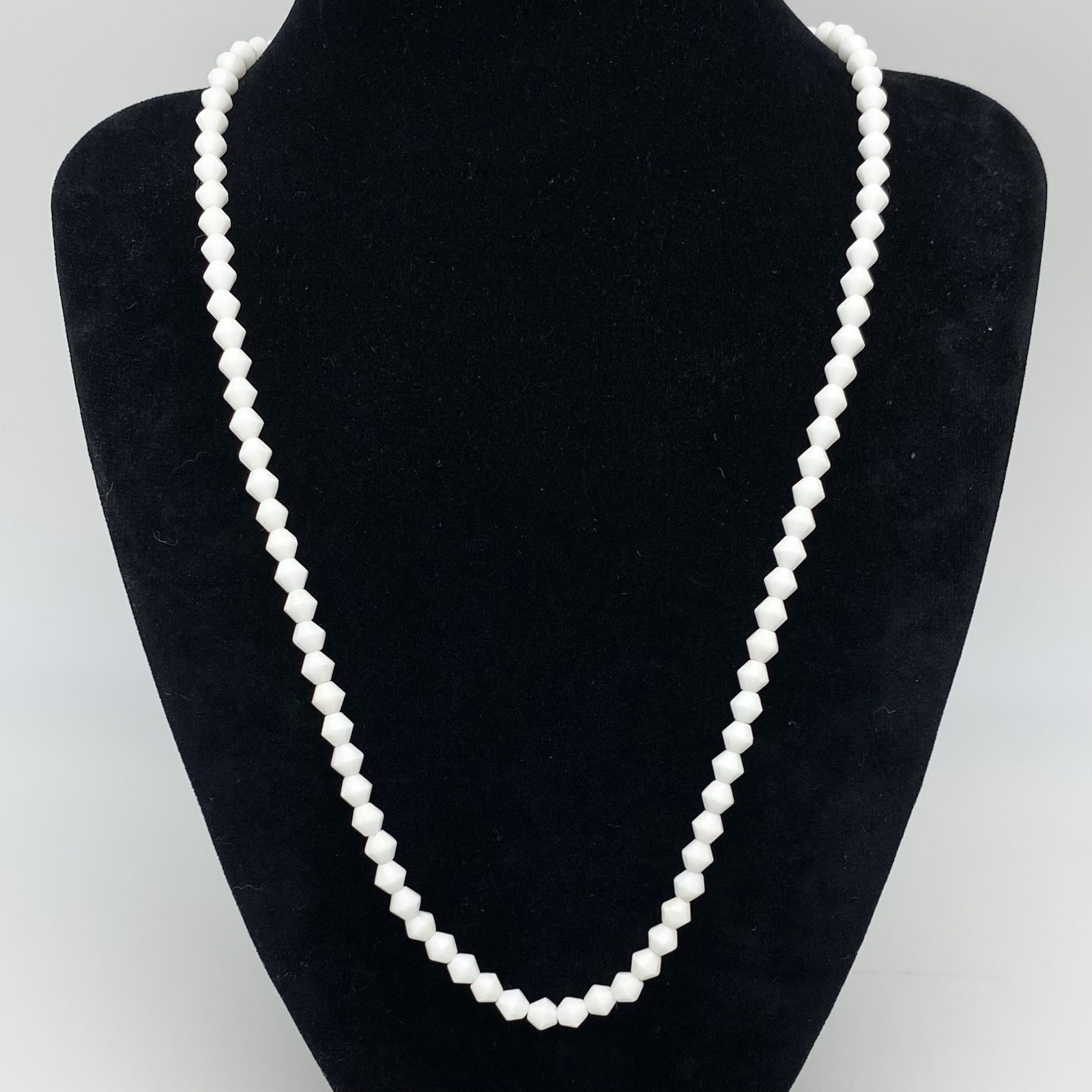 Vintage Necklace White Milkglass Bicone Beads Retro Jewelry 25”