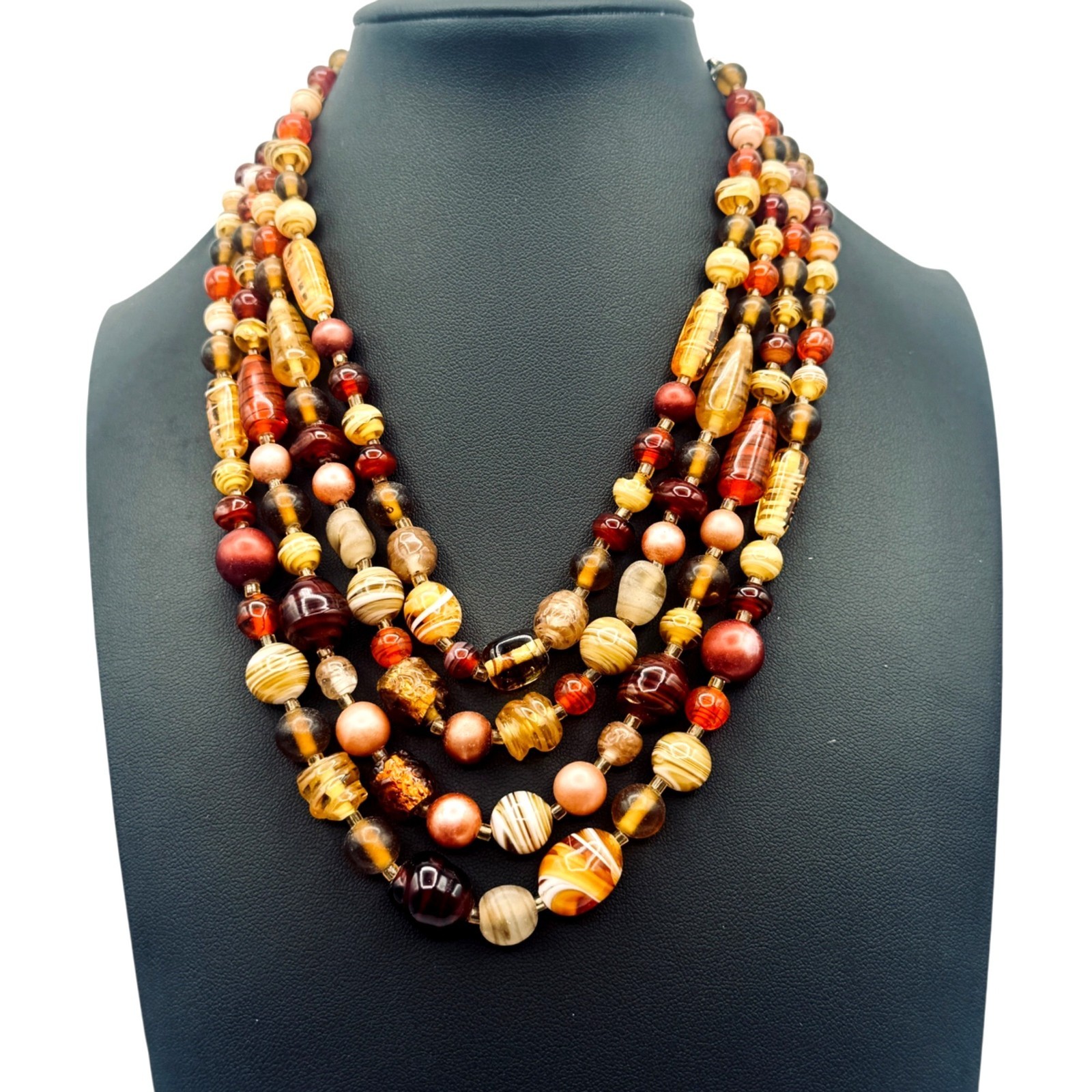 Vintage Multi-Strand Glass Bead Bib Necklace Handmade Lampwork Fall Colors