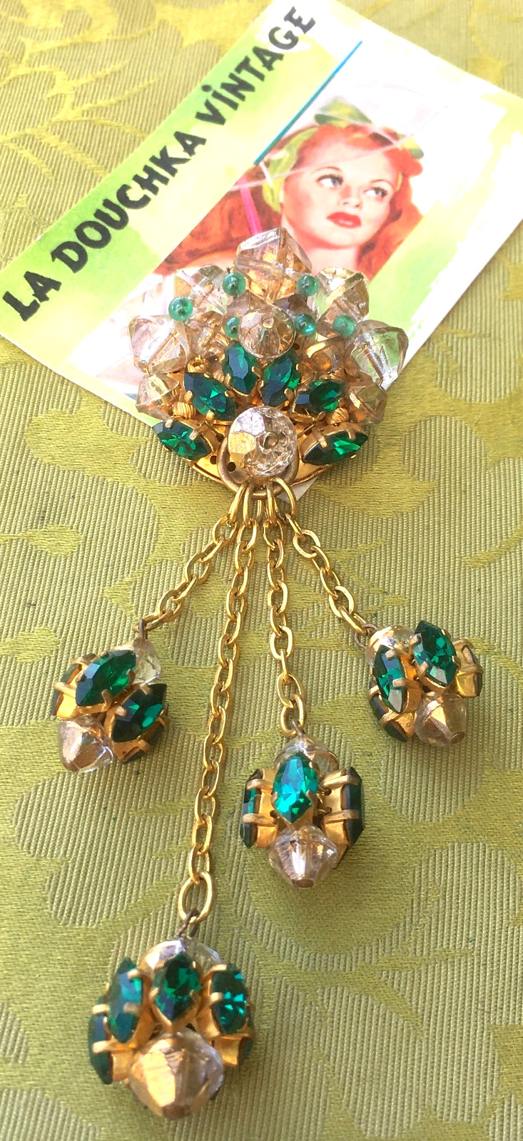 FRENCH STUNNING 1920s BROOCH & DANGLING CHARMS~FOIL BACK CZECH GLASS RHINESTONES