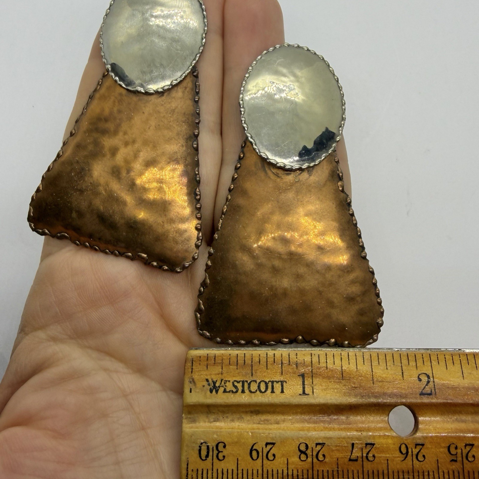 Vtg Big Artisan Mixed Metal Brutalist Statement Earrings Geometric Post Hammered