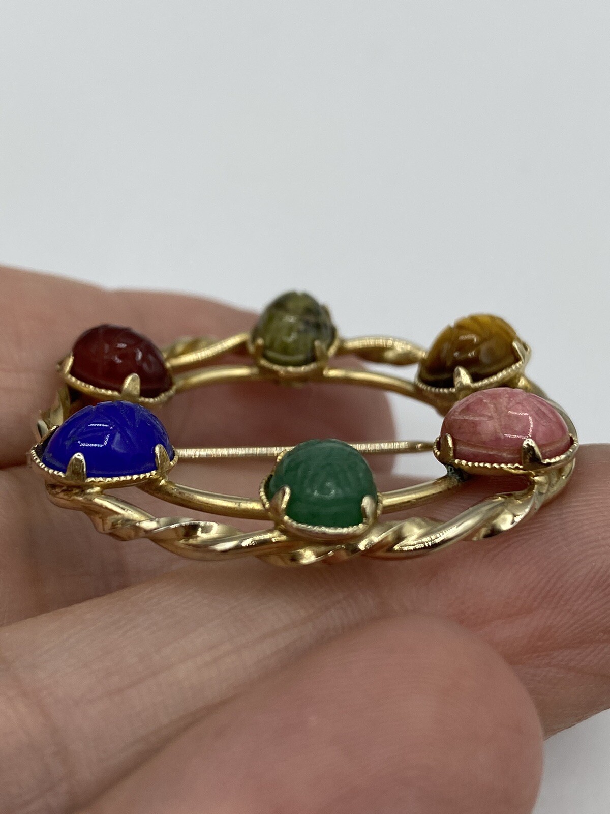 DIXELLE Brooch Signed SCARAB GEMSTONE ROUND PIN 1/20 12K GOLD FILLED 1 1/4″
