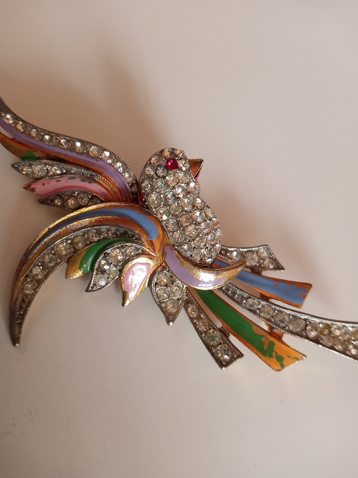 Vtg Coro? Clear Red Rhinestone Pink Blue Enameled Green Paradise Bird Brooch Pin