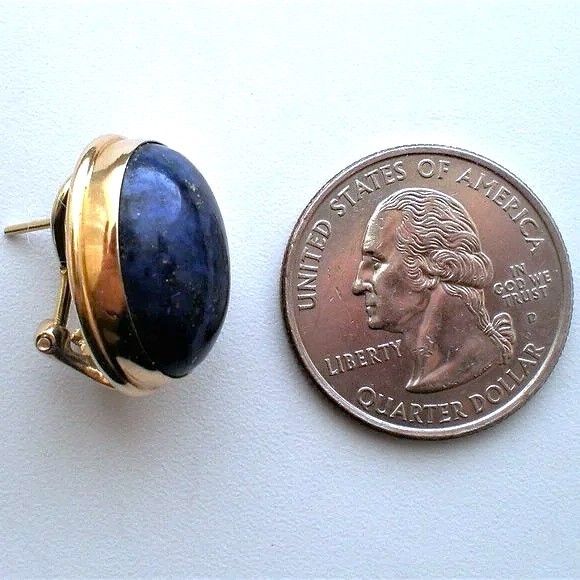 14K Yellow Gold 17.5MM x 14.75MM Lapis Lazuli Omega Back Pierced Earrings 9.3 g