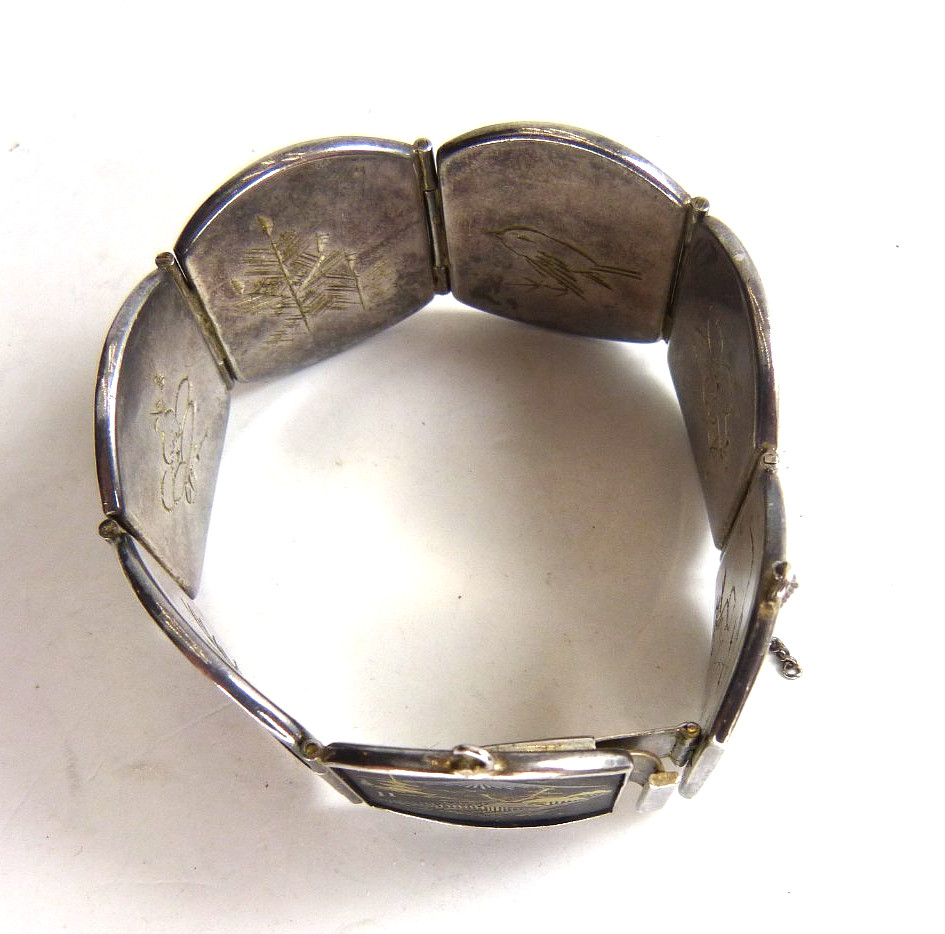 Large Antique Japanese Sterling Silver Bracelet W Mixed Metal Damascene Designs