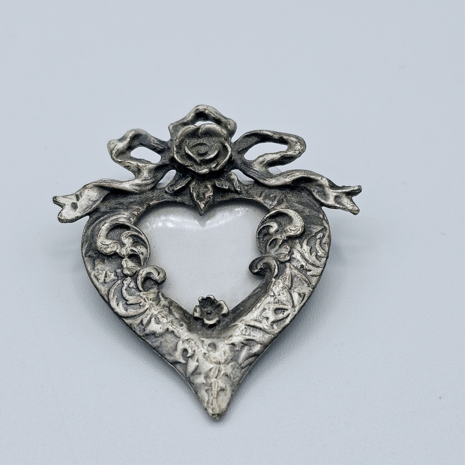 Victorian Heart Photo Brooch Vintage Romantic Rose Ribbon Silver Tone Memory Pin
