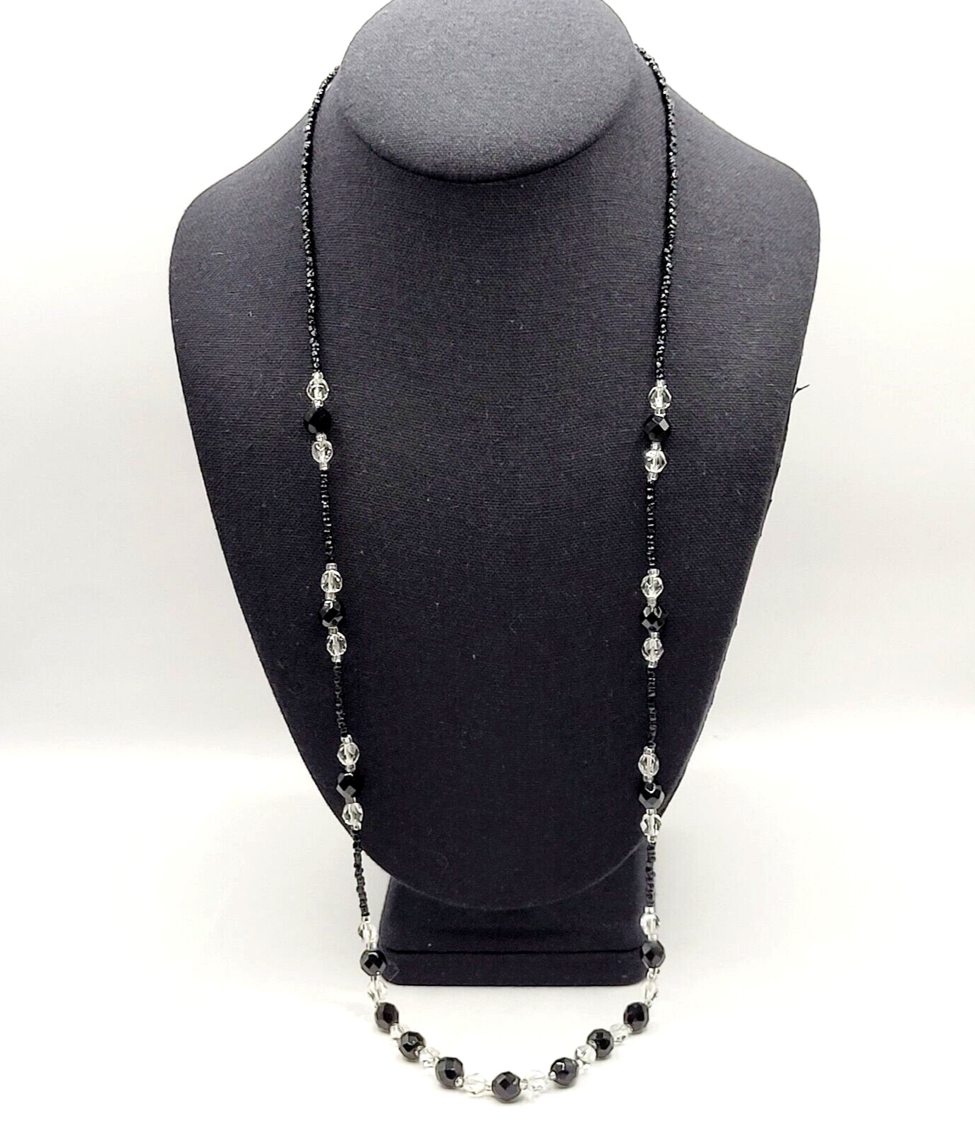 Modern Art Deco Black Clear Cut Crystal Bead Silver Tone Vintage Necklace 31 in