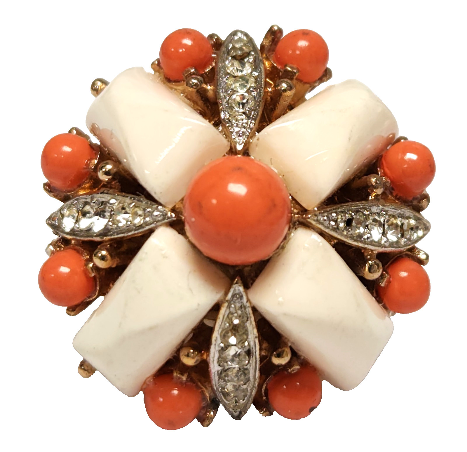 Marvella Fluted Cream & Coral Orange Color Lucite Adjustable Necklace & Ring