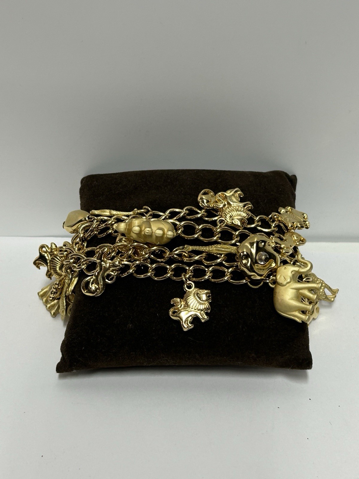 Vintage Gold Tone Safari Animal Crackers Charm Necklace Whimsical Costume