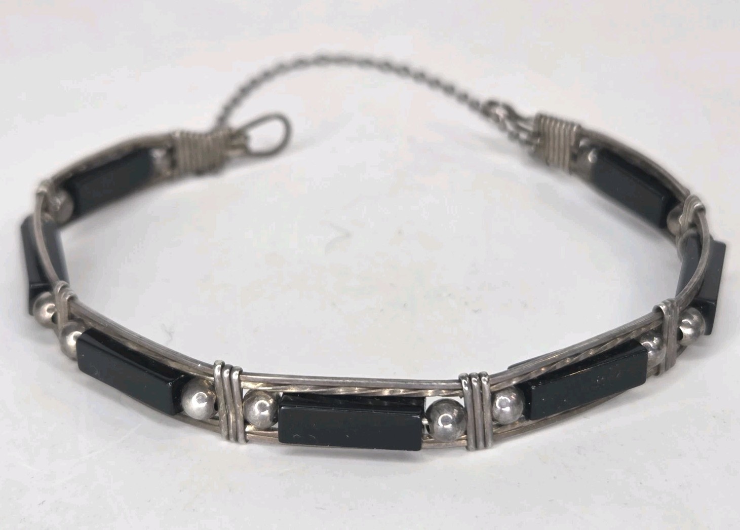 Vintage Sterling Silver Black Onyx Wire Wrapped Link Bracelet
