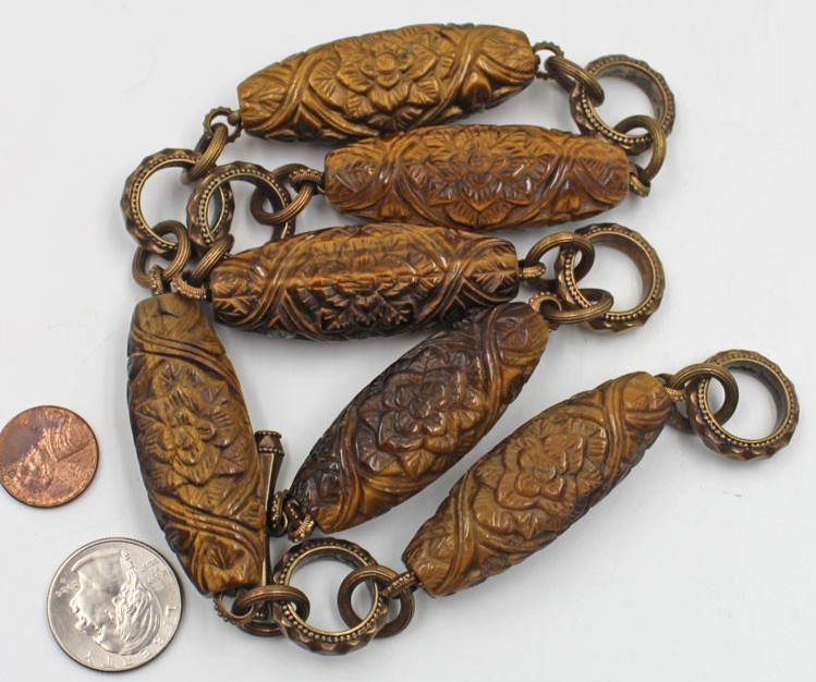 Stephen Dweck Bronze & Carved Floral Tiger’s Eye Station Pendant Necklace 23.25″