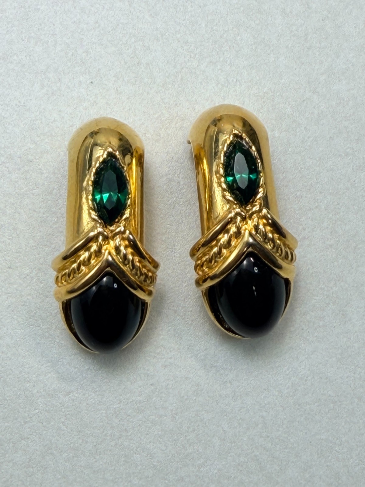 Vintage Blanca Runway Bold Black Cabochon Emerald Crystal Earrings From 80s