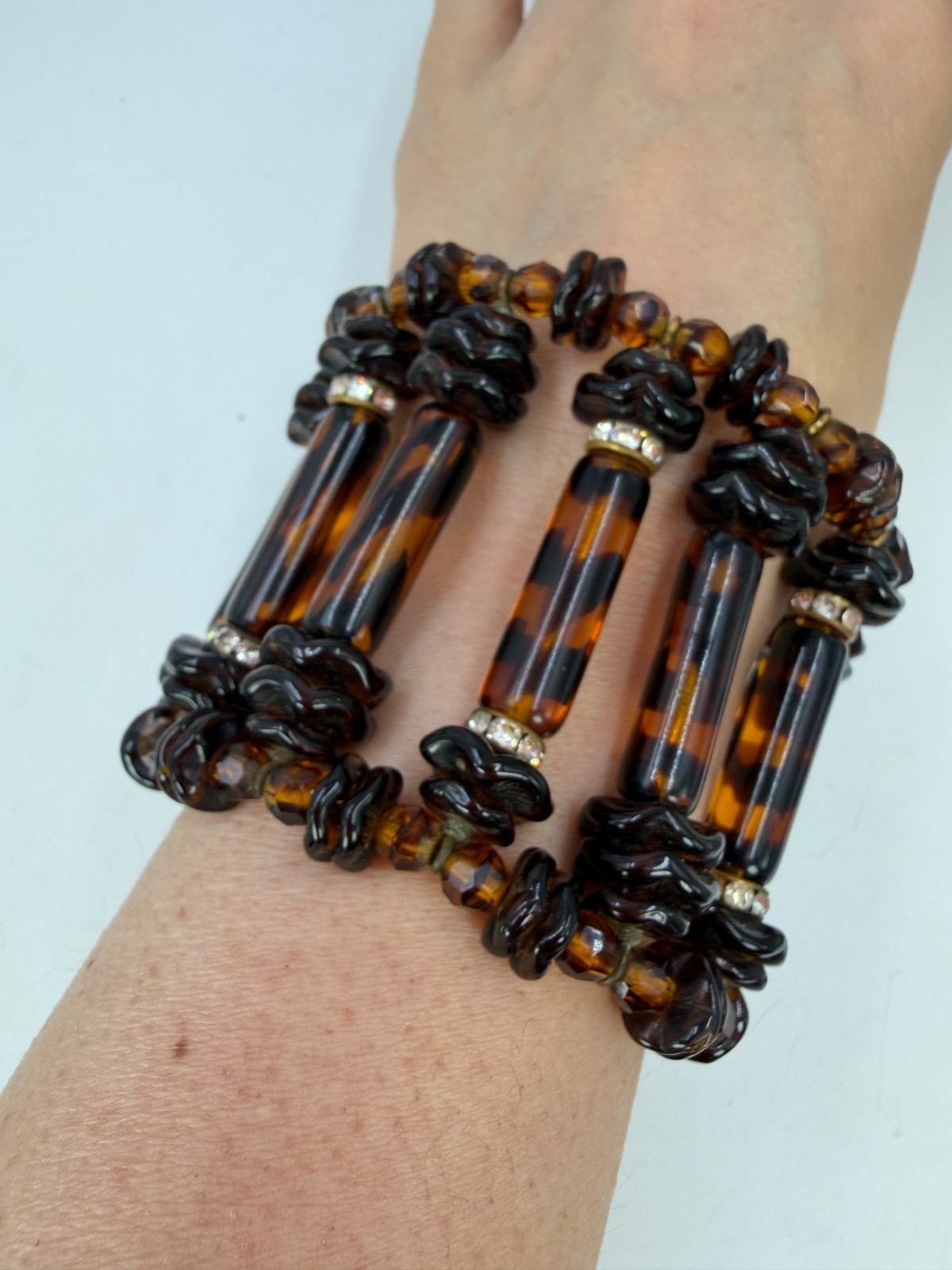 Vintage Bracelet Miriam Haskell Tigers Stripe Glass Brown Cuff Expanding PJ
