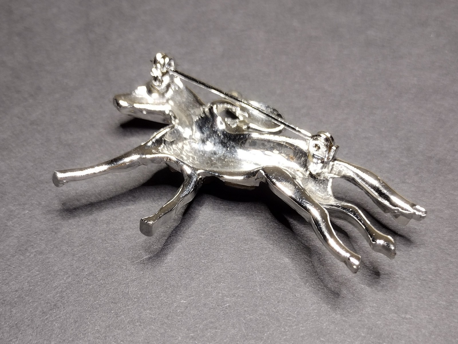 Vtg Rhinestone Equestrian Brooch Pin Derby Race Horse & Rider White Metal PELL ?