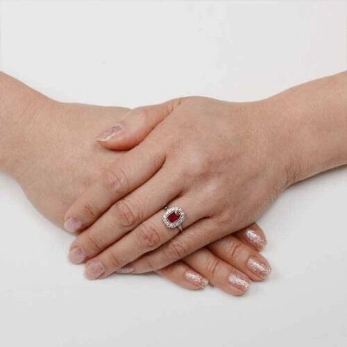 Vintage Art Deco Style Lab Created Red Ruby Engagement Wedding 925 Silver Ring