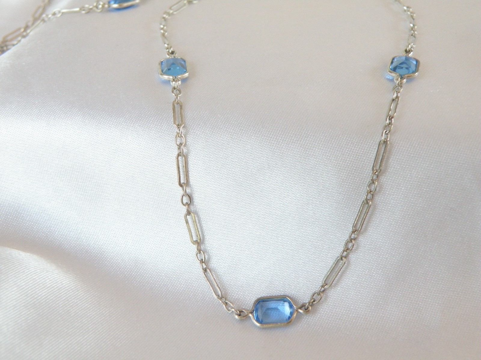 Antique Sterling Silver 925 Blue Gemstone Station Vintage Paperclip Necklace 25″
