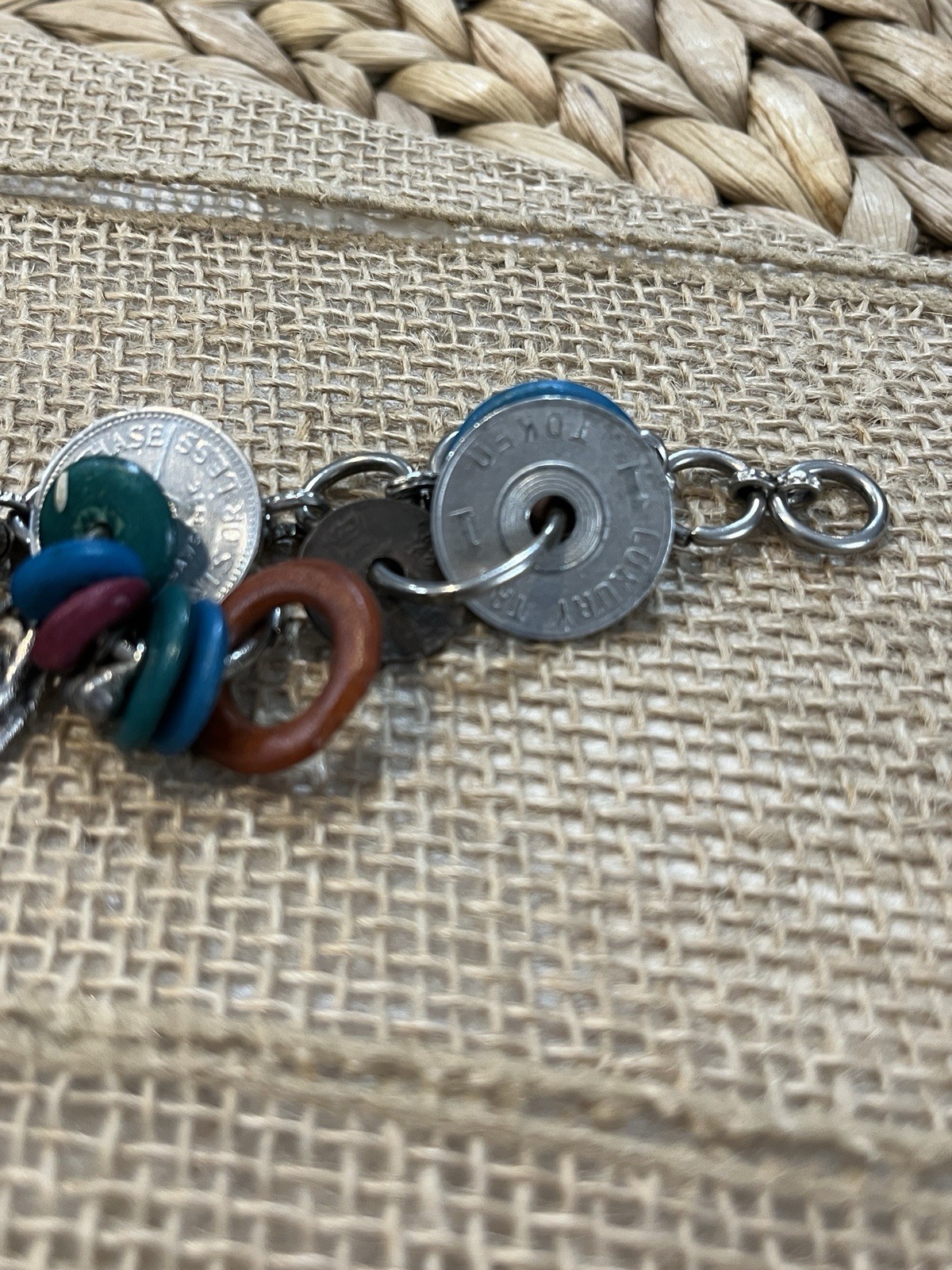 Vintage Artisan Crafted Coin Charm Bracelet Mixed Materials Estate Jewelry Boho