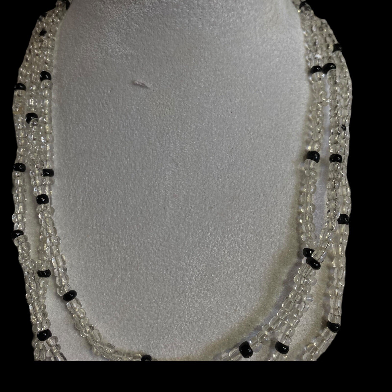 Vintage 54” Black Clear White Glass Beaded Necklace Handmade Layering Boho Craft