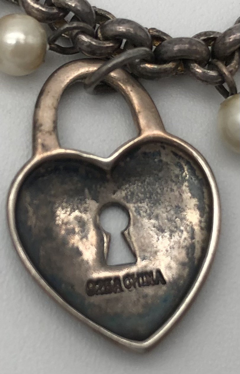 Vintage Sterling Silver Heart And Key Charm Bracelet Marcasite Stones Faux Pearl