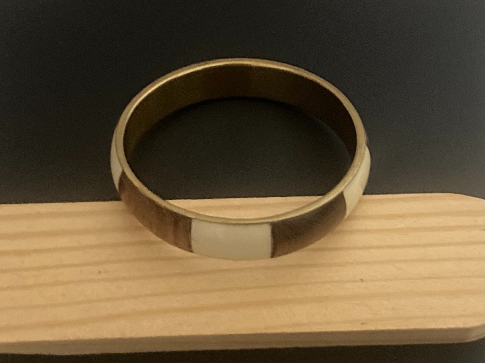Vintage Brown White Enameled Striped Bangle Bracelet Gold Tone Metal