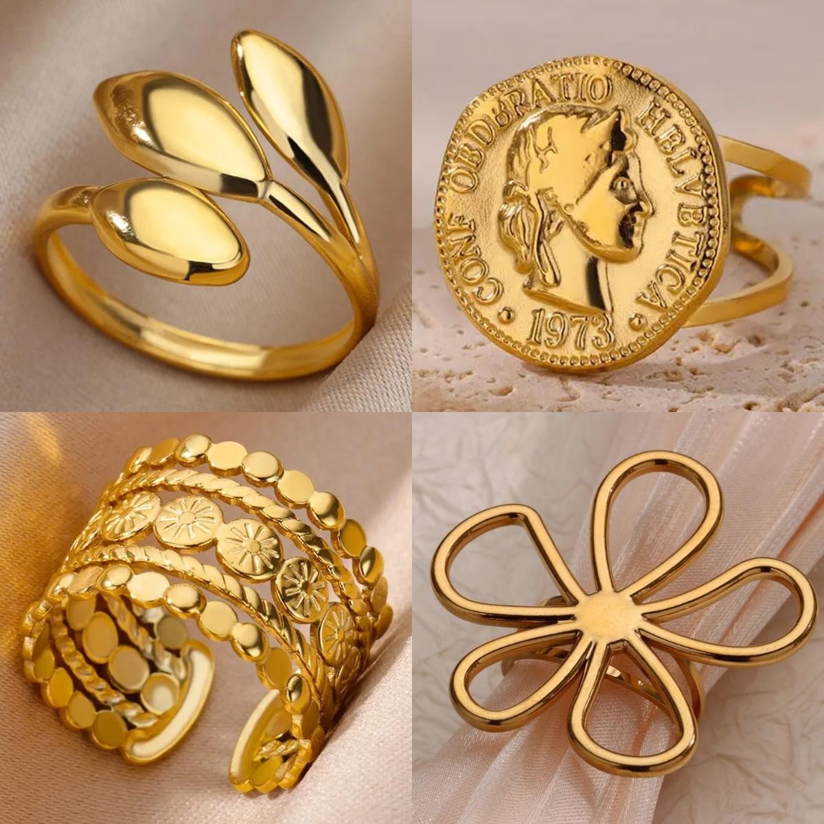 Vintage Geometric Flower Adjustable Ring Gold Plated 316l Stainless Steel Gift