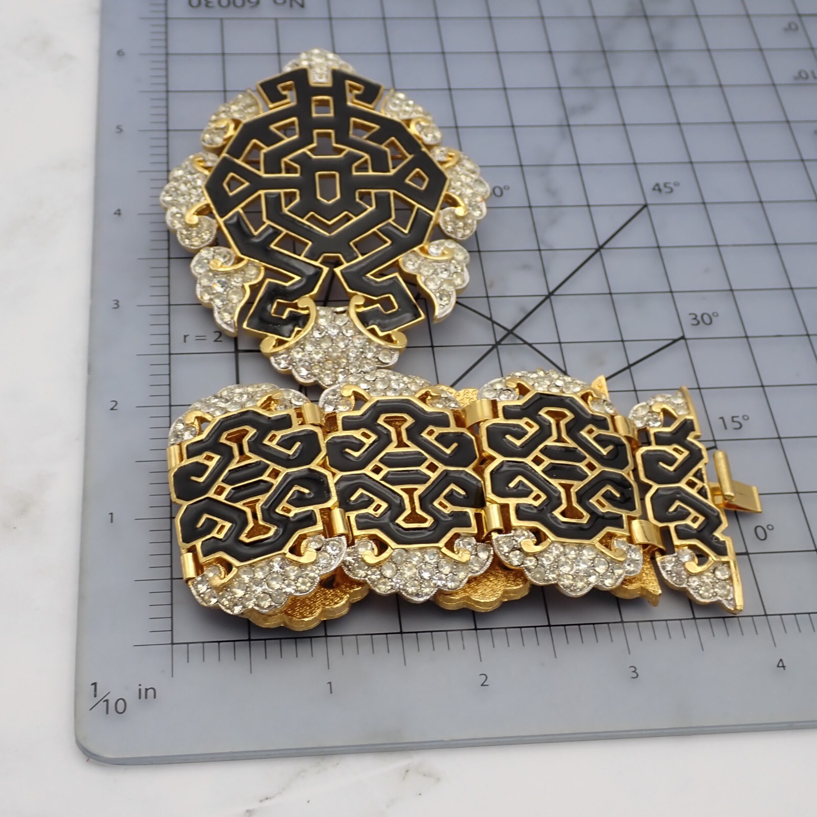 Black Enamel Asian Theme Rhinestone Exceptional Pin Brooch Bracelet Set by OR