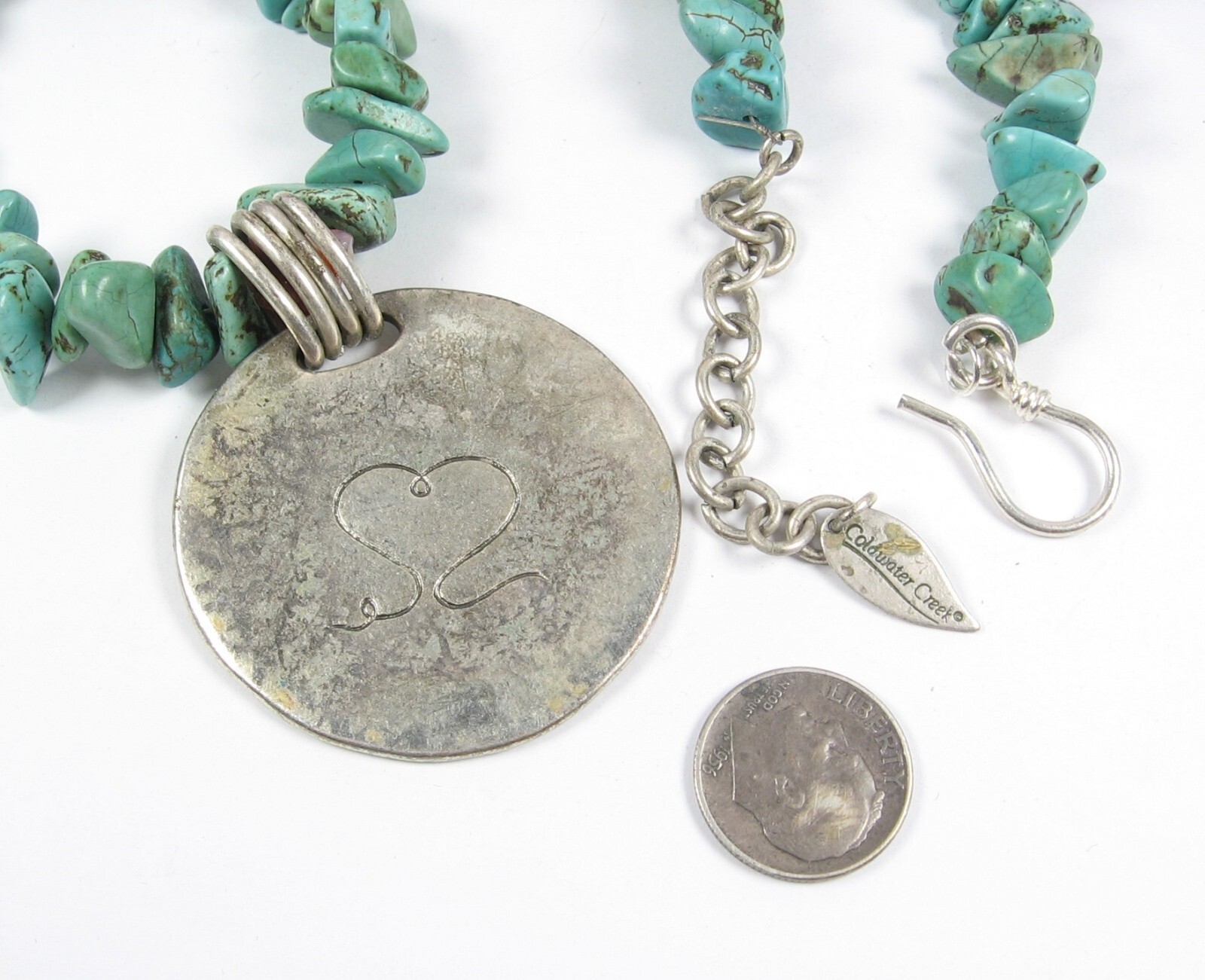 COLDWATER CREEK Vintage Green Turquoise Stone Bead Spiral PENDANT Silvertone 18″