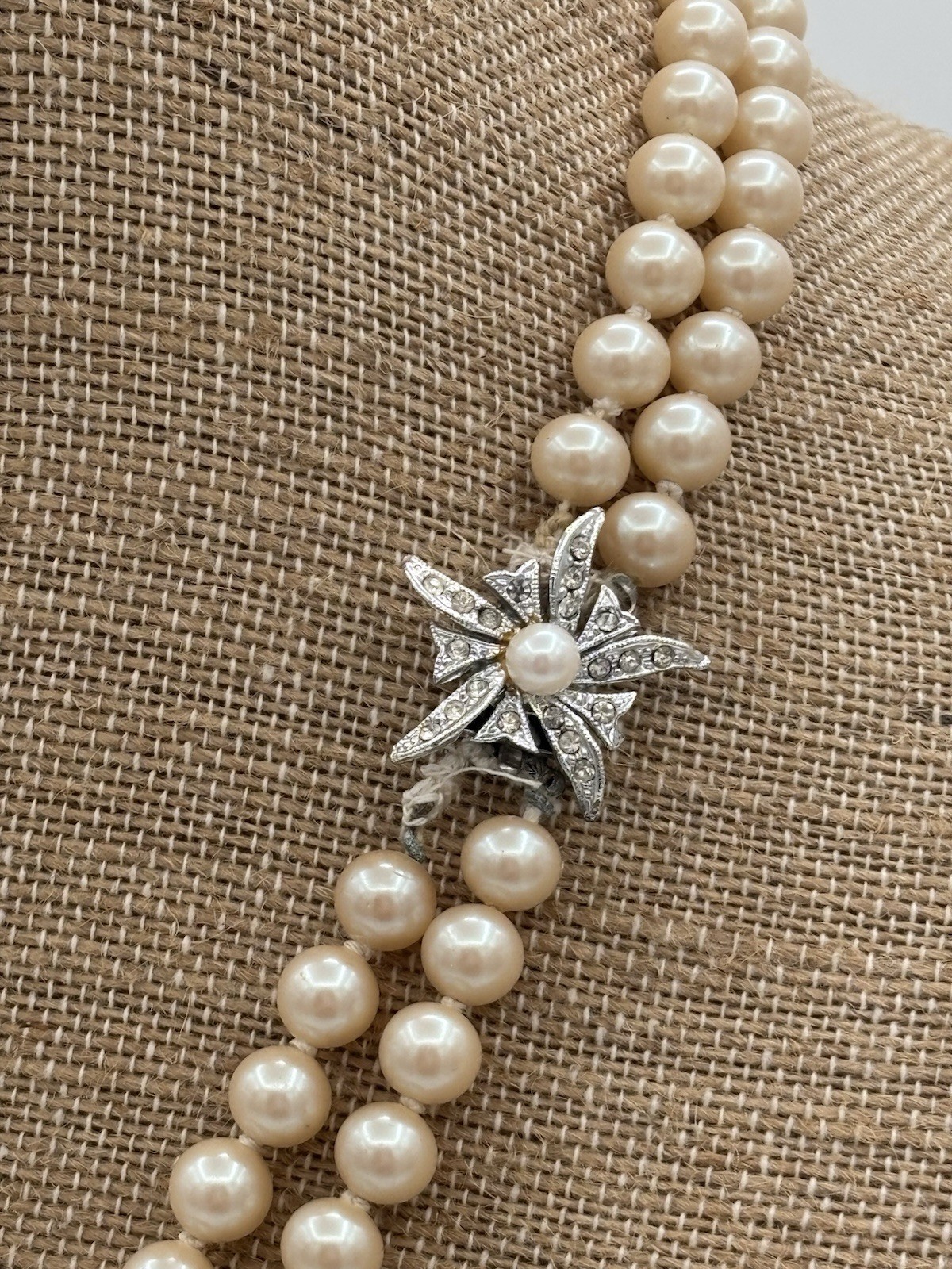 Vintage Hand Knotted Faux Pearl Double Strand Rhinestone Floral Clasp Necklace