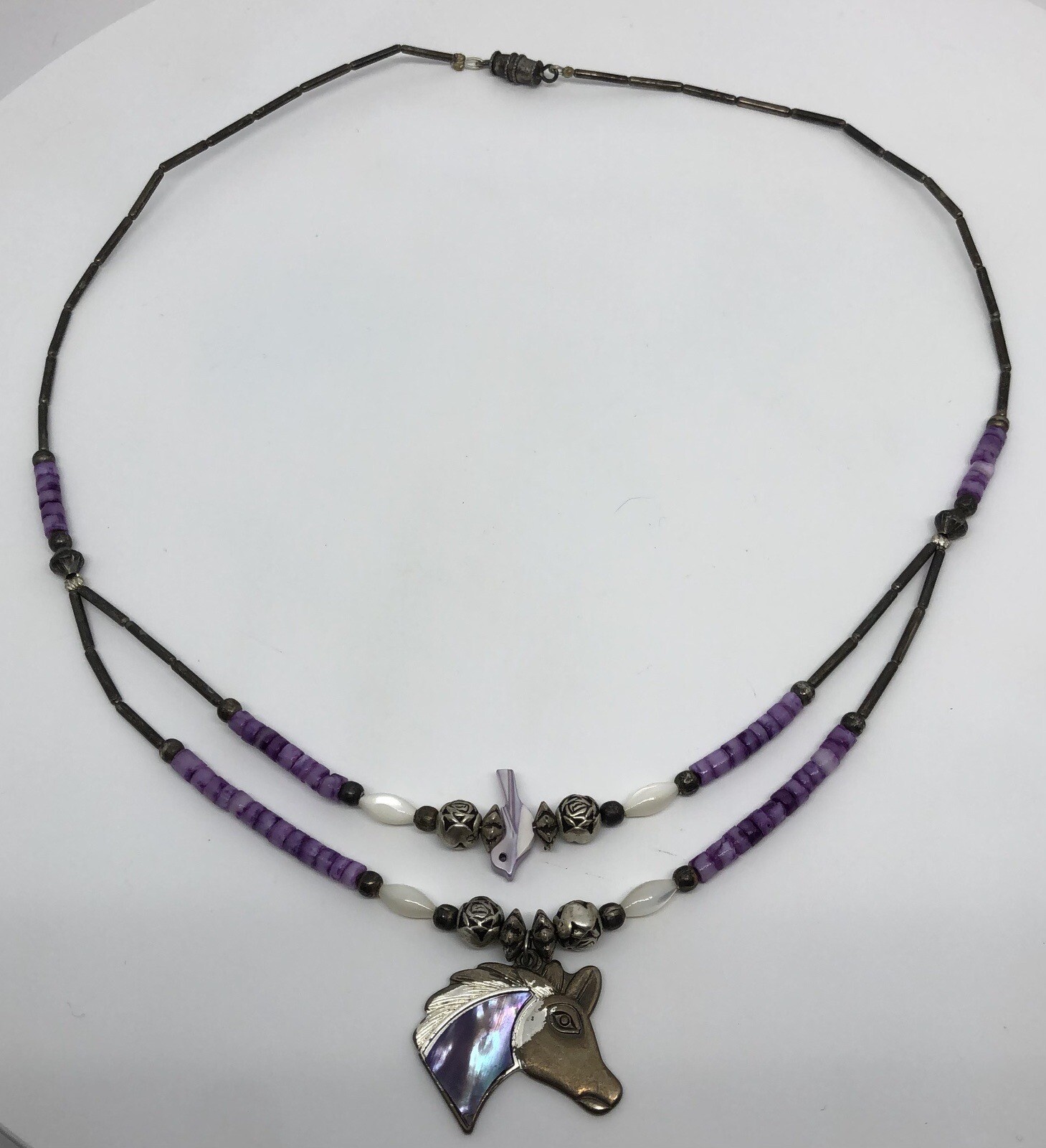 Equestrian Horse Necklace Purple Pony Pendant Silver Roses Beaded Bird 16”