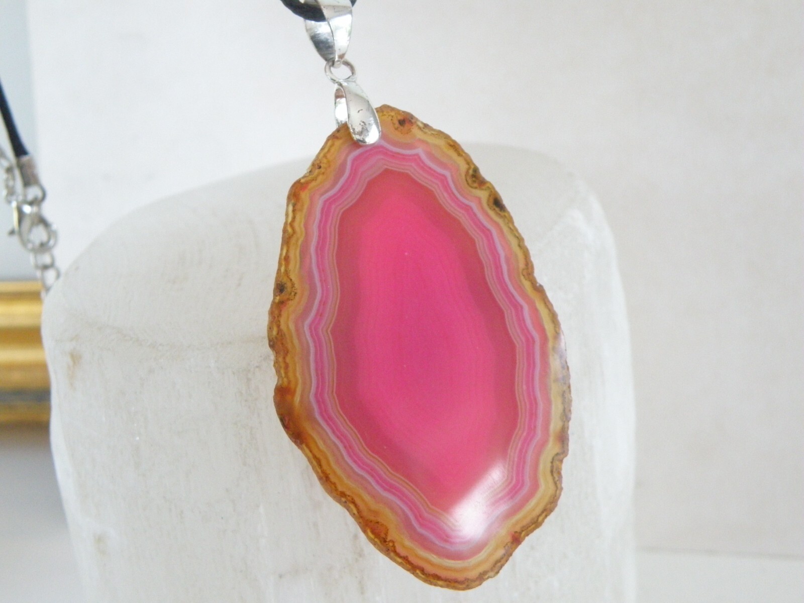 Huge Sterling Silver 925 Pink Geode Crystal Slab Vintage Pendant Necklace