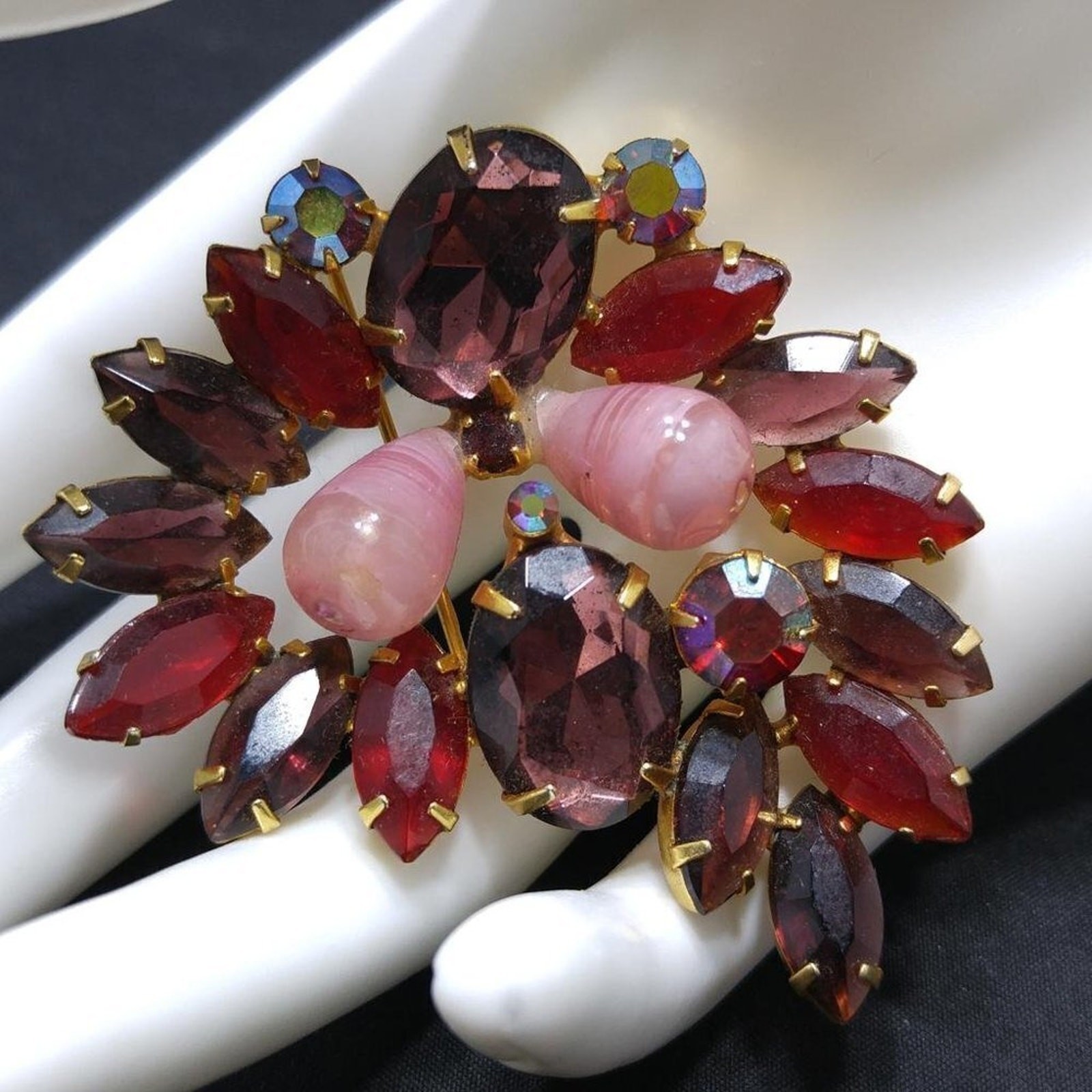 Vintage Purple Red Glass Rhinestone Brooch, Pink Lucite Beads, 2 1/4 Inches