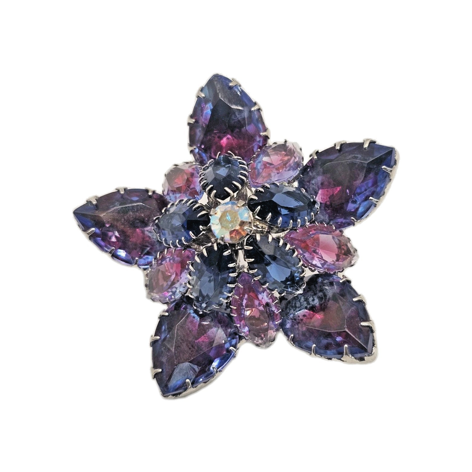 VTG Starburst Domed Purple Blue Pink Vitrail Glass Rhinestone Brooch Silver Tone