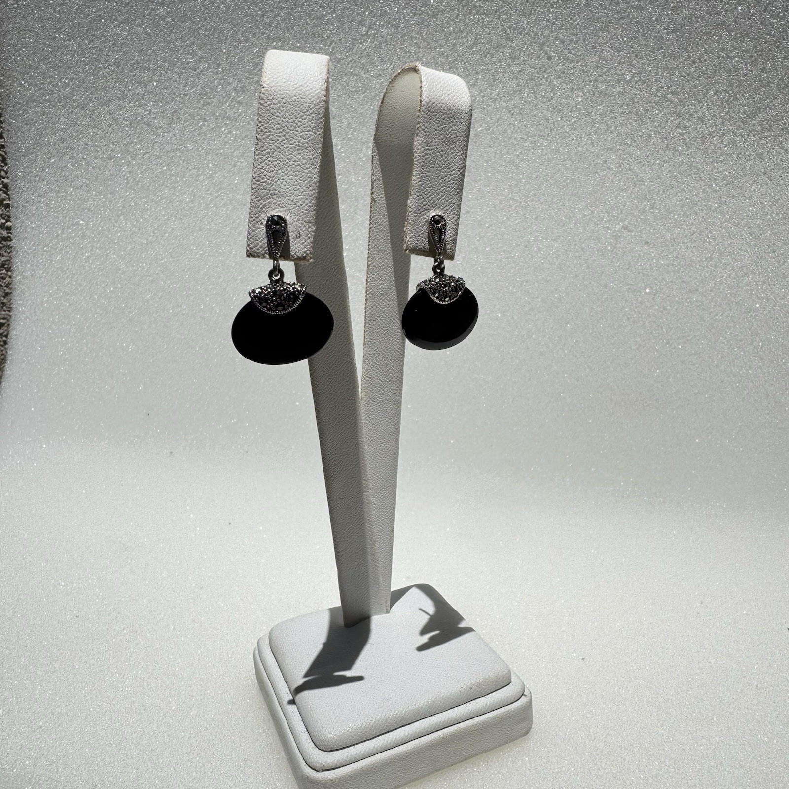 Vintage 925 Sterling Silver Black Onyx Marcasite Dangle Earrings Signed R