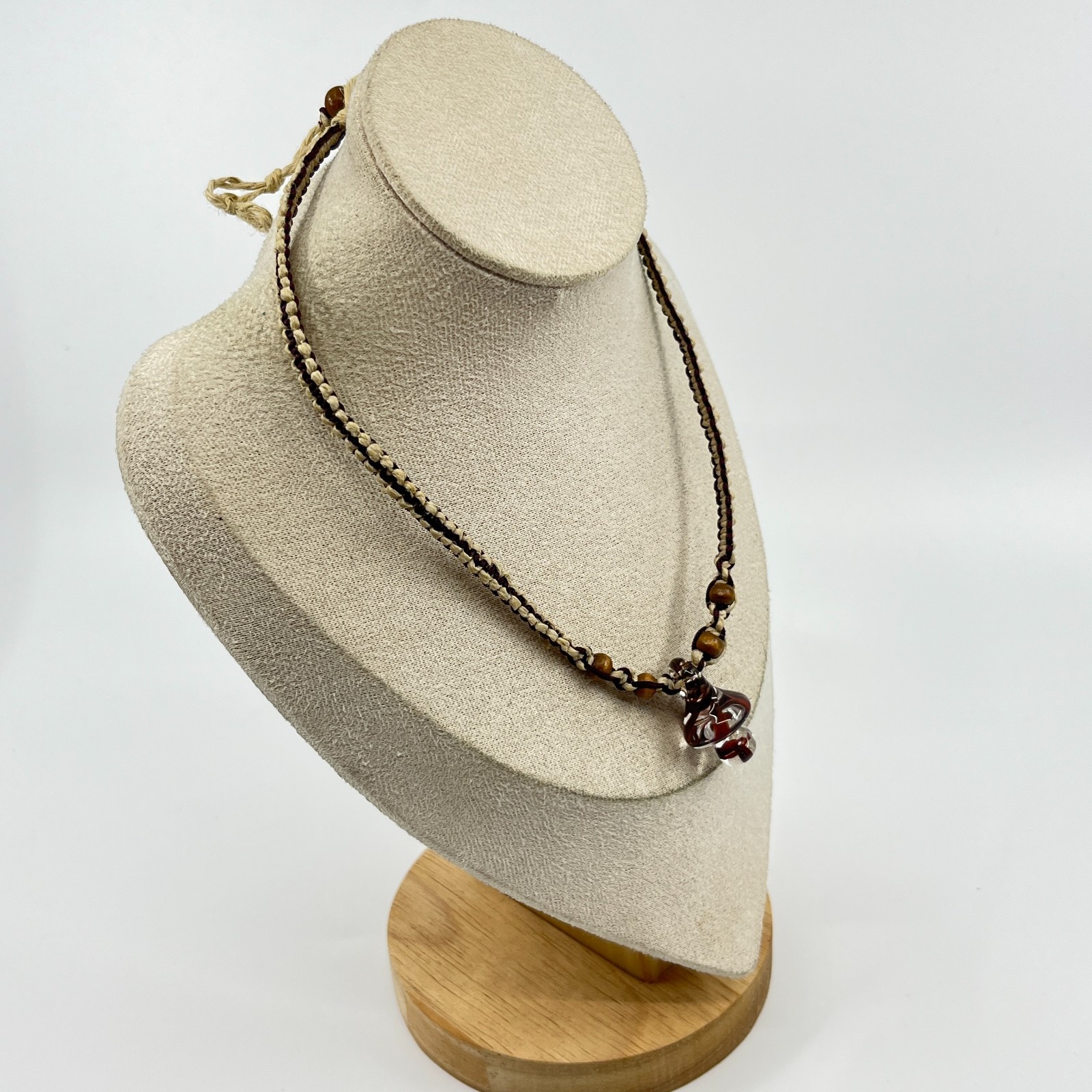 Vintage Retro Boho Hemp Choker Red Swirl Glass Mushroom Pendant Wooden Beads