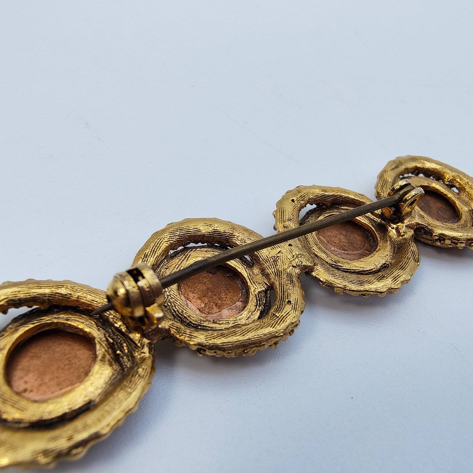 Vintage Byzantine Style Bar Brooch Gold Tone Brown Victorian Revival Style
