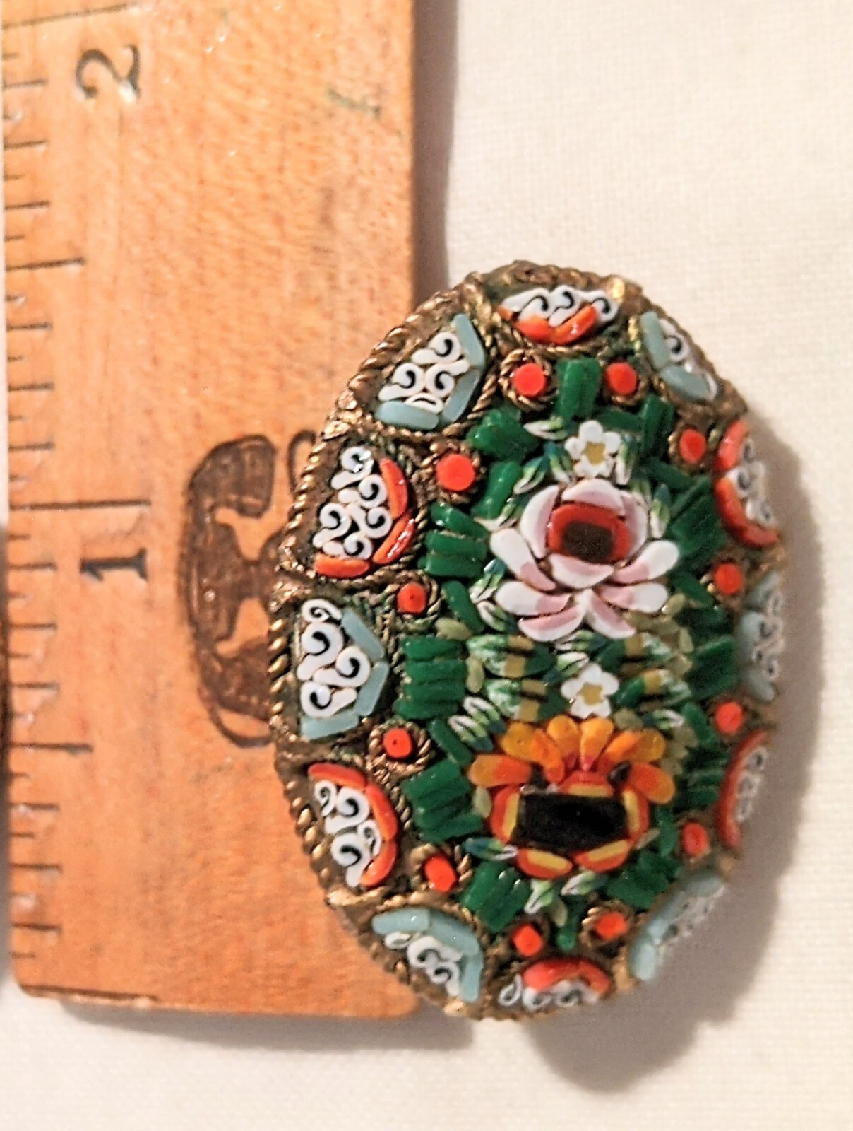 Victorian Micro Mosaic Brooch Signed Made In Italy Pin Floral Bouquet Oval