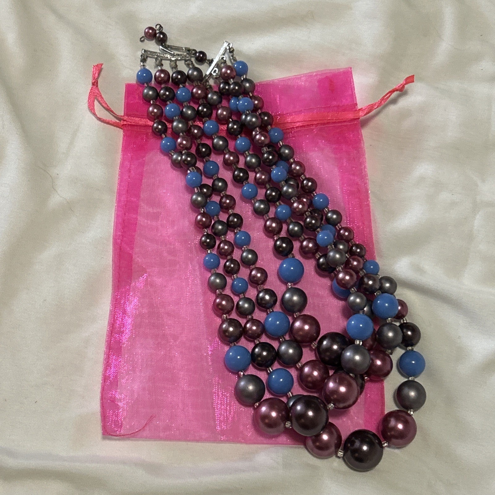 Vintage 4 Strand Purple Violet Rose & Blue Graduated Bead Necklace 17”