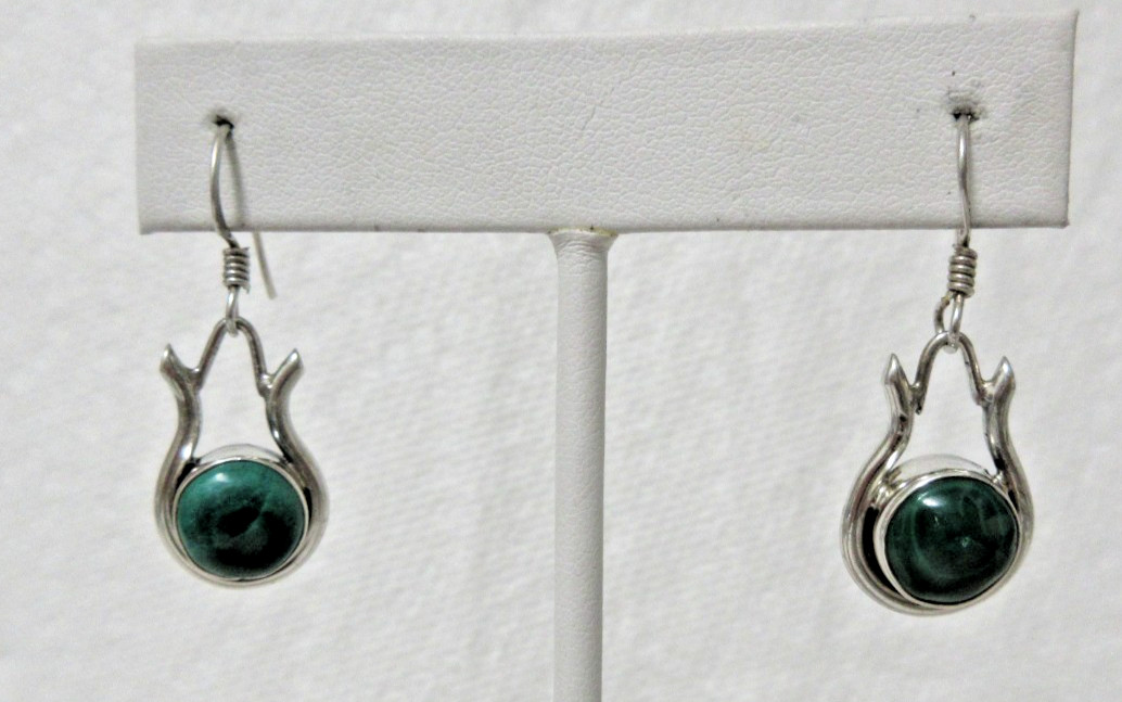 Vintage Sterling Silver Malachite Dangle Pierced Earrings