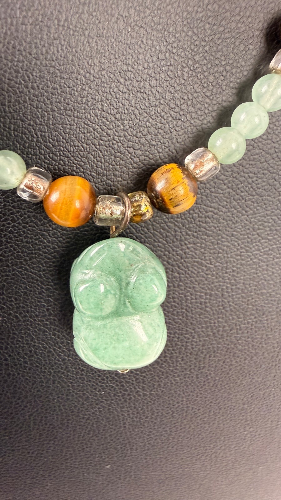 Green Aventurine & Tiger’s Eye Beaded Necklace | Carved Stone Frog Pendant 18″