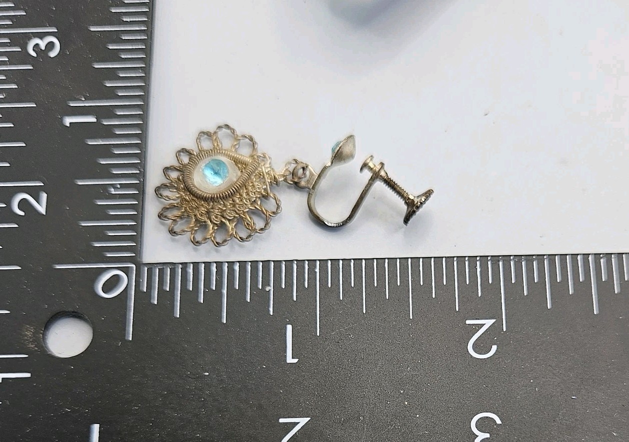 Antique Cannetille Spun Silver Necklace Blue Art Glass Screw Back Earrings Set