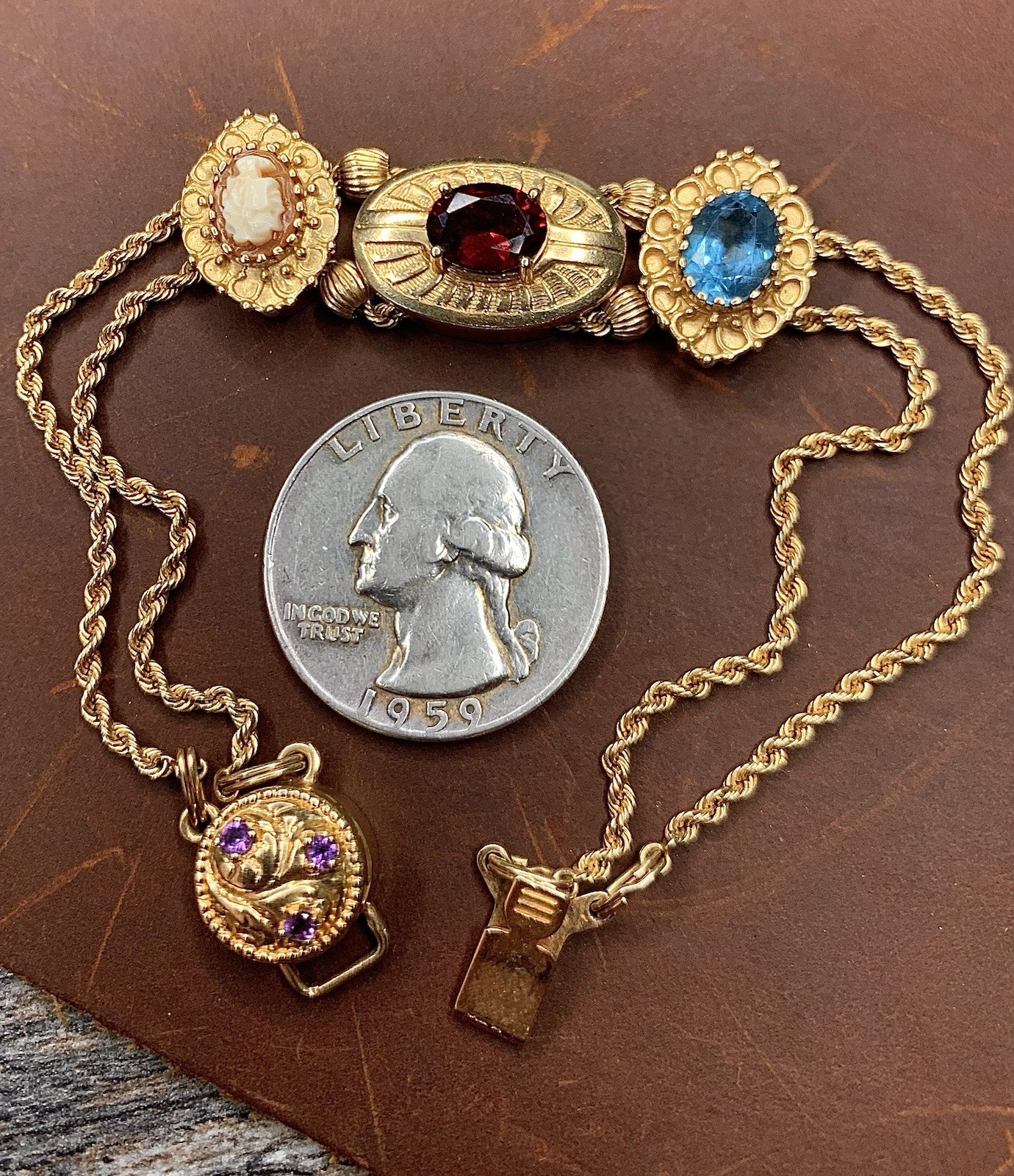 Vintage Multi-Gemstone Slide Charm Bracelet in 14kt Yellow Gold 7”