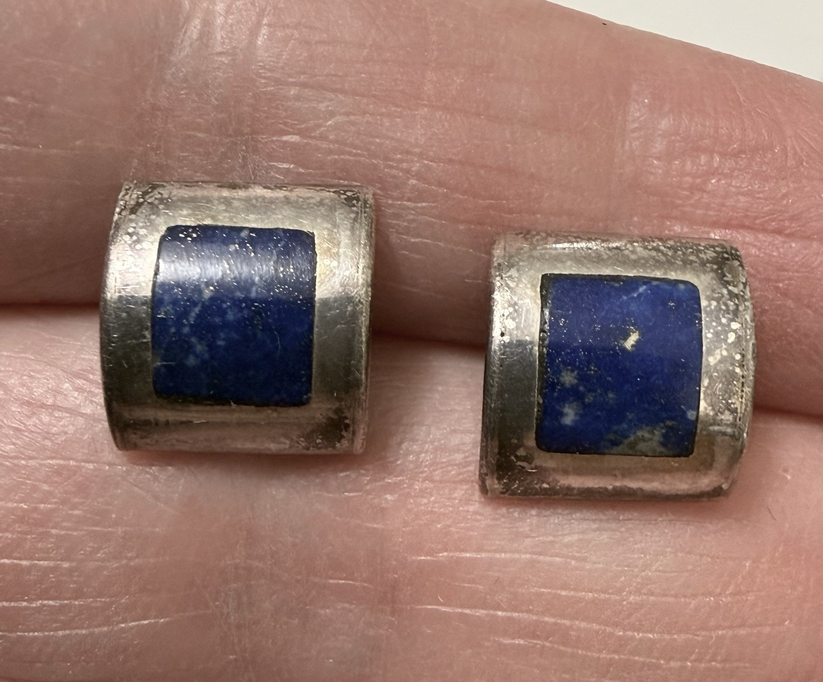 Vintage CHILE 980 Silver Domed Square Lapis Lazuli Pendant Stud Earrings Set 17g