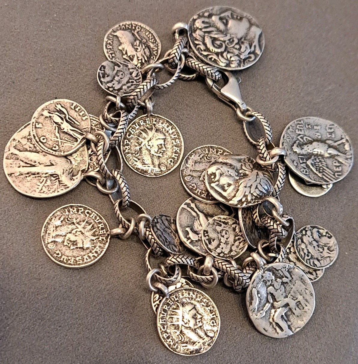 Silpada Sterling Silver Roman Coin Cha Cha Charm Bracelet 8″ Adjustable 66 grams