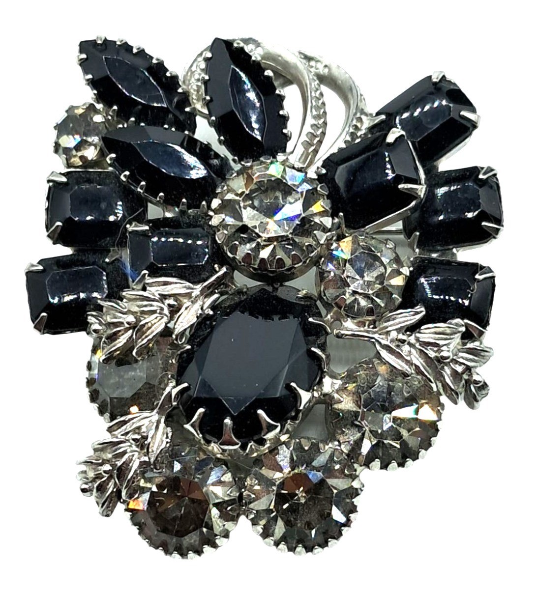 Vintage Rhinestone Brooch Earrings Set Black Clear Rhinestones Jewelry
