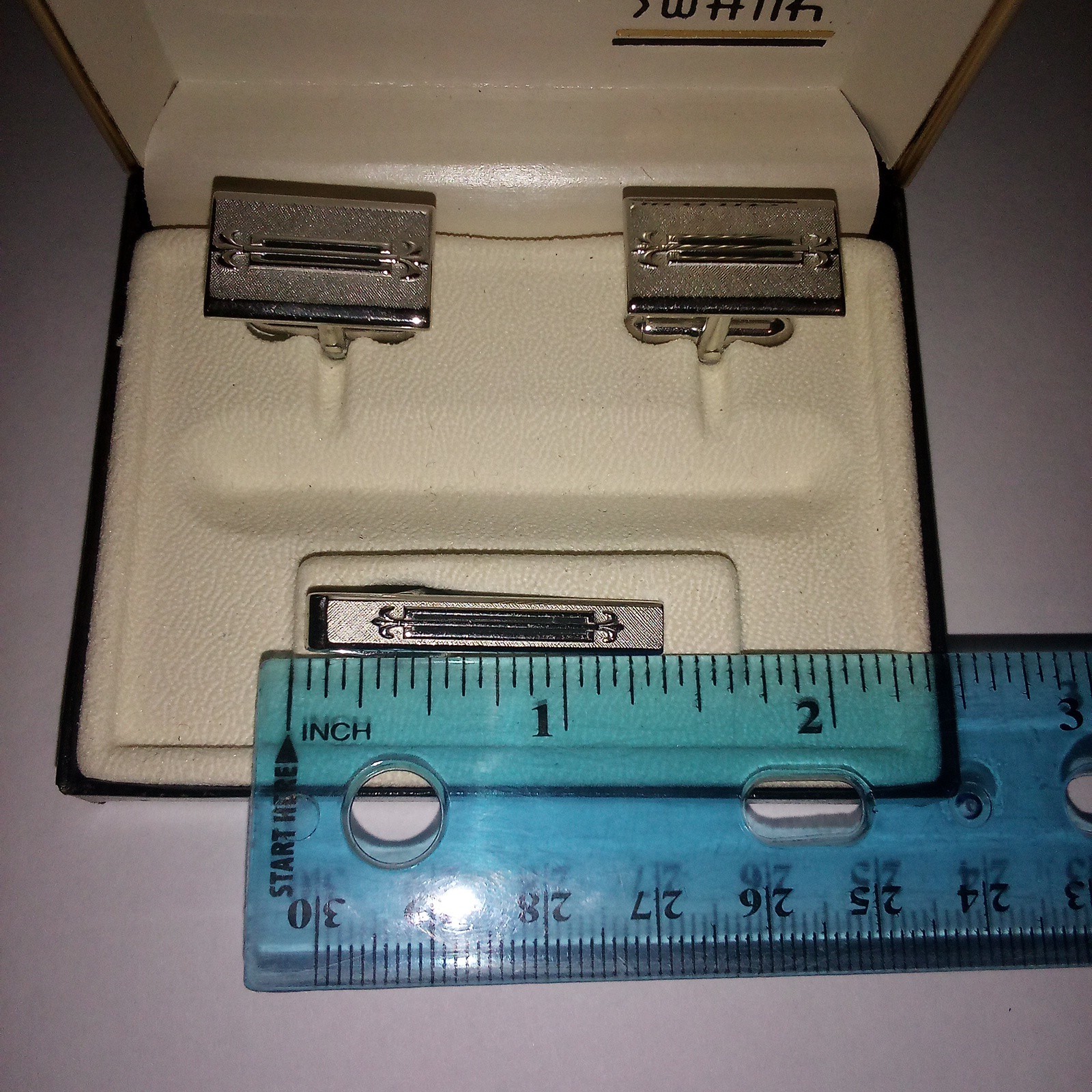 Vintage Swank Silver Tone Fleur De Lis Black Enamel Cuff Links & Tie Clip Set