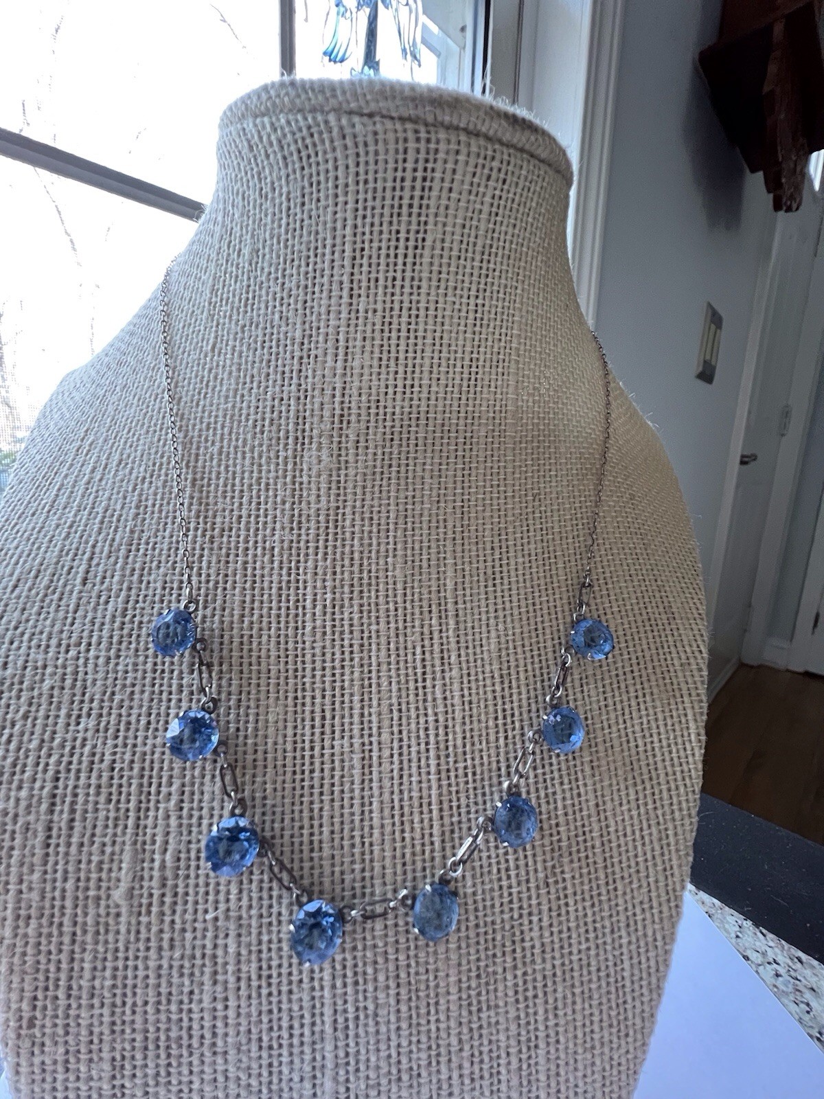Antique Art Deco Sterling Silver Bezel Set Blue Crystal Necklace 17 Inches