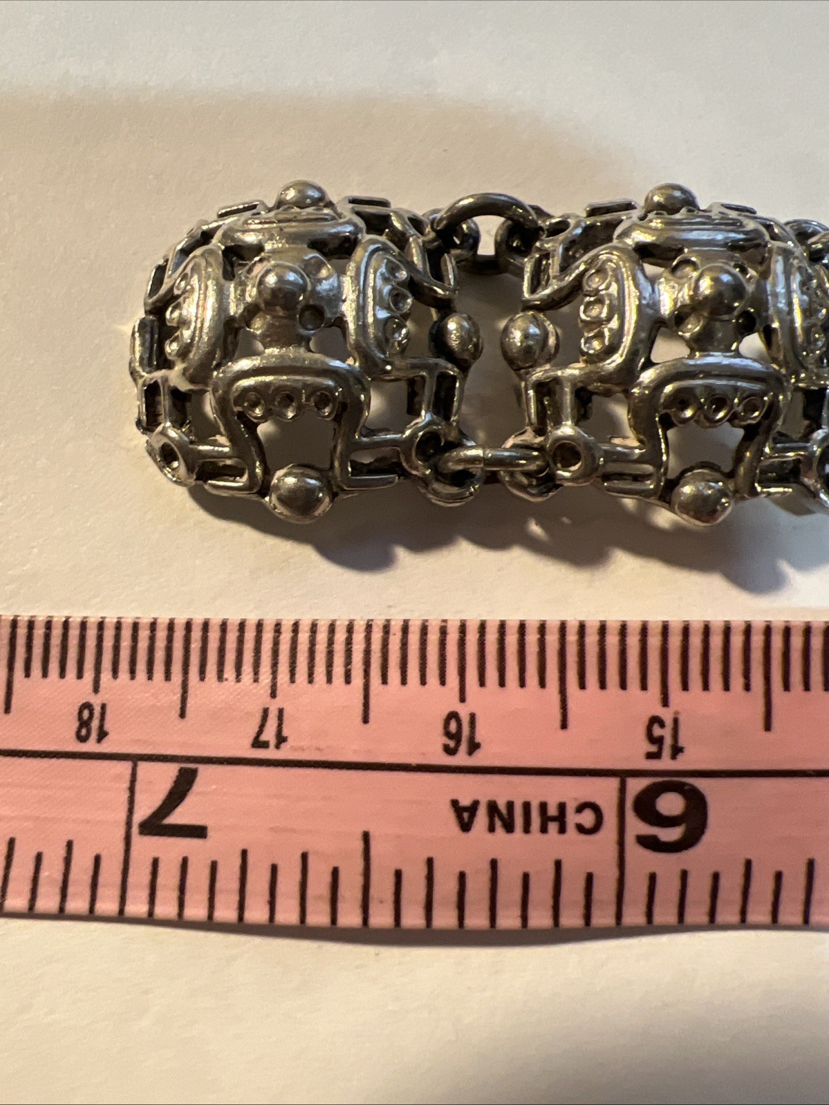 Vtg Antique Art Nouveau Panel Link Bracelet Silvertone Cast 7” Hook Clasp