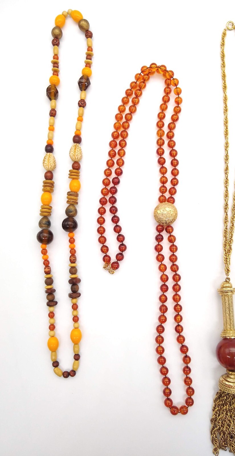Amber Honey Topaz Color Beads Necklaces Lot of 6 Gold Tone Tassel Filigree Vinta