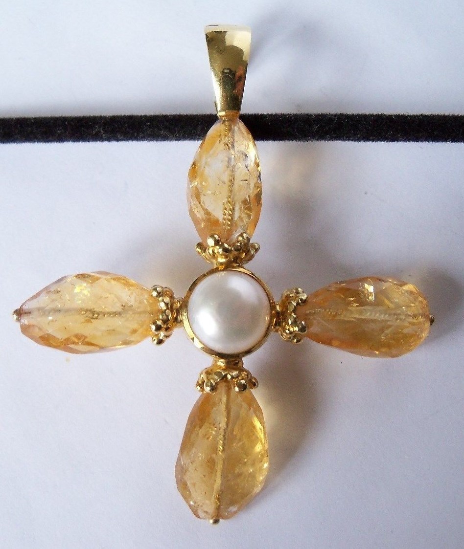 Vintage Mazza MAZ 18k Gold Citrine Pearl Cross Pendant Large Signed 21.4g