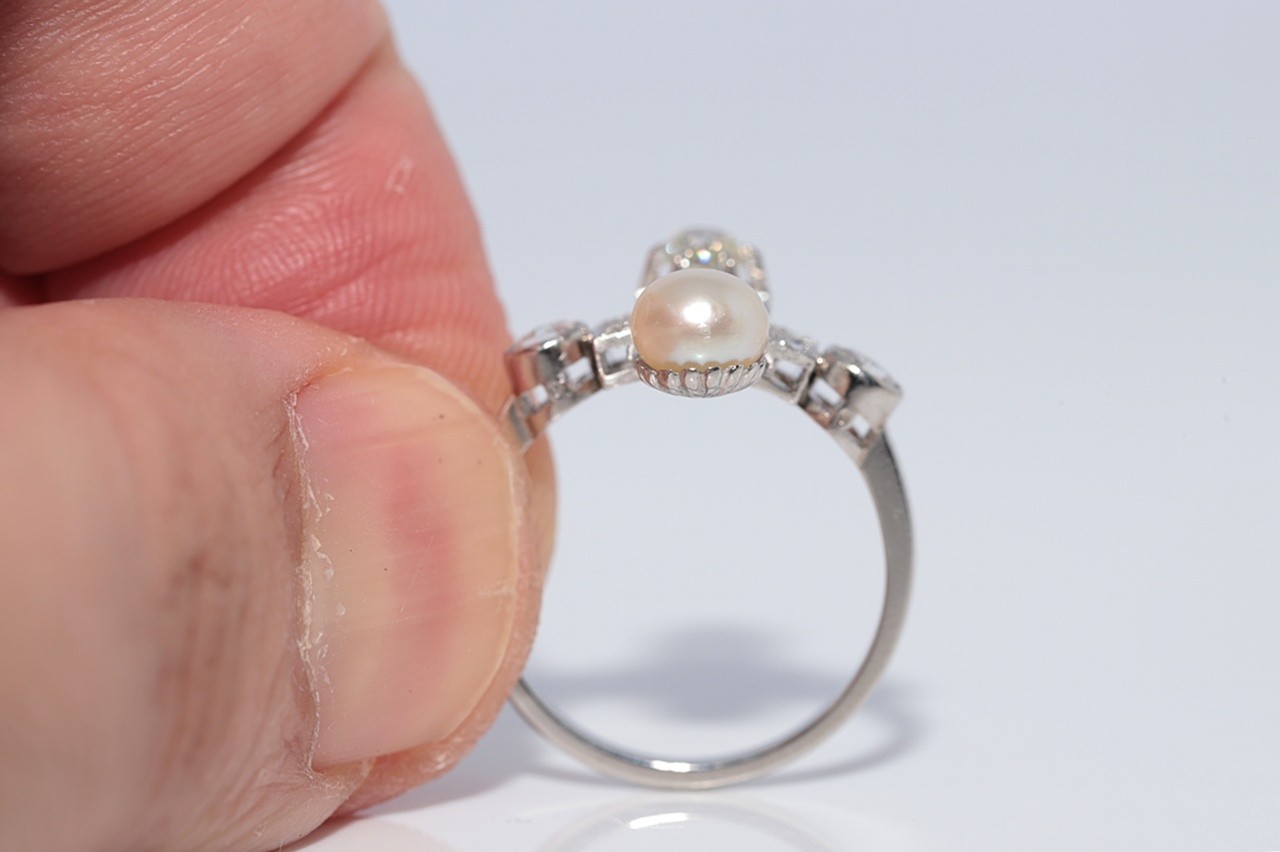 Antique Circa 1920s Platinum Art Deco Natural Diamond And Pearl Decorated Ring