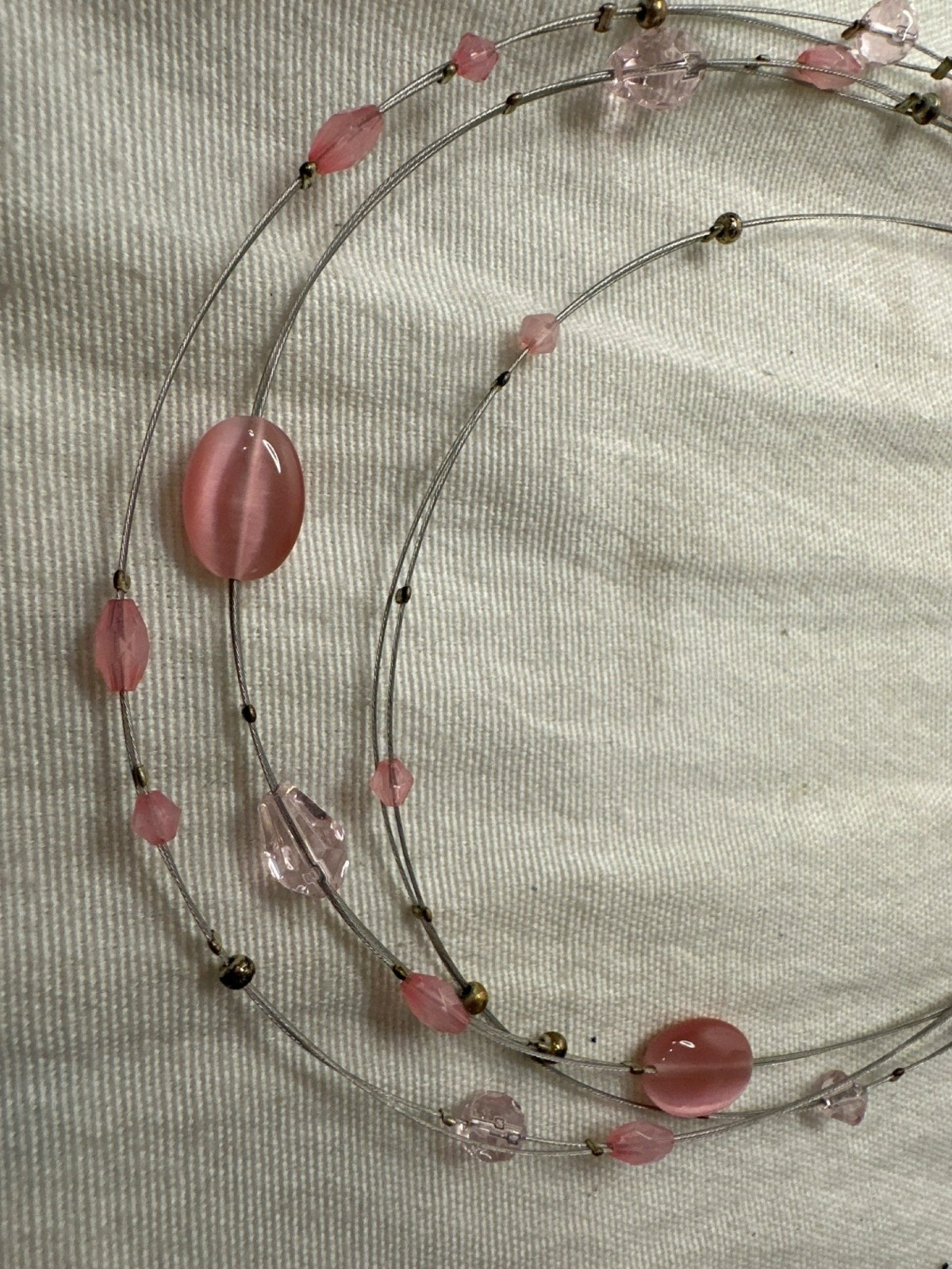 Multi Strand Pink Beaded Necklace Wire Wrap Romantic Layered Design Fairy Kei